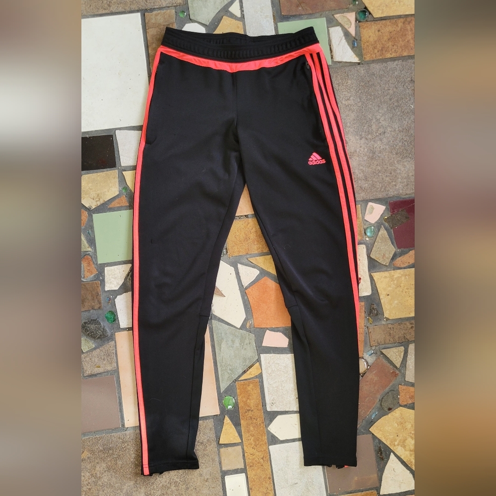 Black Adidas Track Pants with Coral Stripes